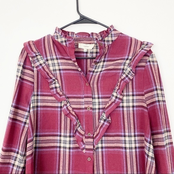 NWOT ENTRO Burgundy Plaid Ruffle Western Button Up Top Medium Equestrian Blouse - Picture 3 of 6